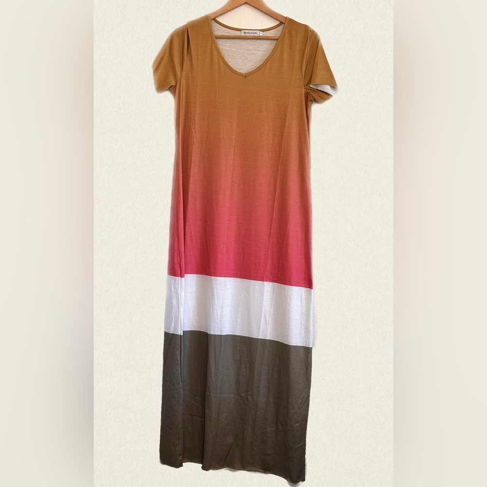 Loose Fit V Neck Maxi Dress Women Size Small Gradient neutral color NWOT - Picture 2 of 5